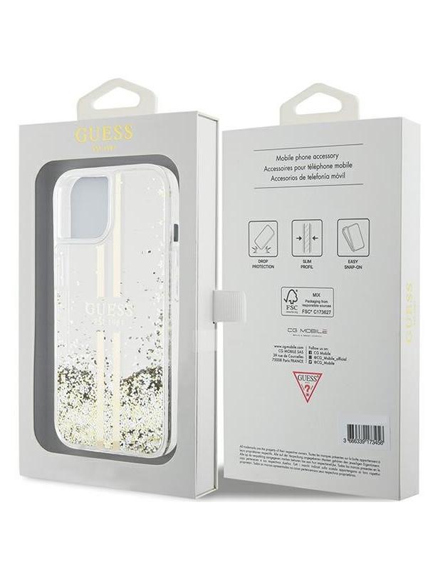 GUESS futerał do IPHONE 15 GUHCP15SLFCSEGT (Liquid Glitter Gold Stripes) transparentny