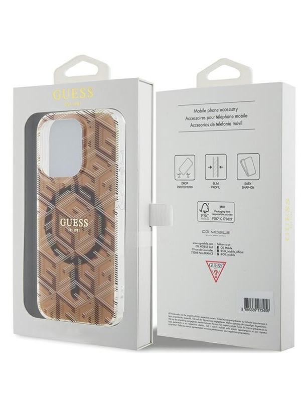 GUESS futerał do IPHONE 15 Pro kompatybilny z MagSafe GUHMP15LHGCUSTGW (IML GCUBE) brązowy