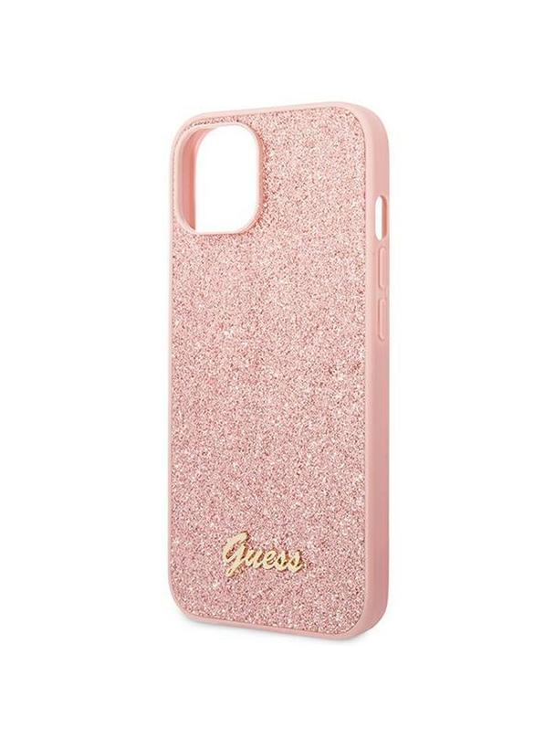 GUESS futerał do IPHONE 14 Plus GUHCP14MHGGSHP (Glitter Flakes Script Metal Logo) różowy