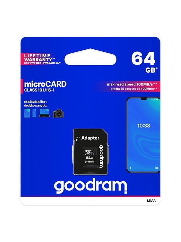 GOODRAM karta pamięci microSD 64GB 100MB/s class 10 UHS I z adapterem SD