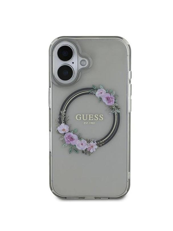 GUESS futerał do IPHONE 16 kompatybilny z MagSafe GUHMP16SHFWFCK (IML Flowers Wreath) czarny