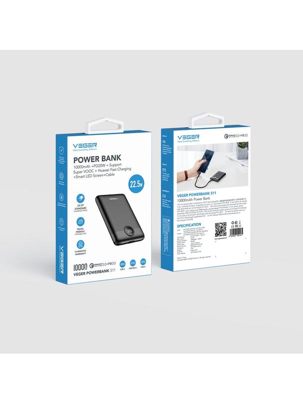 Powerbank Veger S11 (W1140) PD QC3.0 2A 22,5W 10 000 mAh czarny