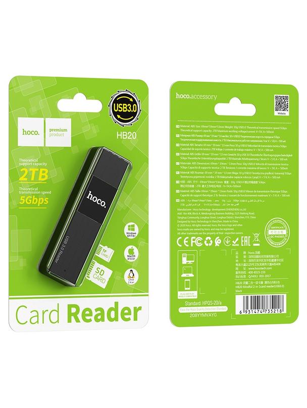 Czytnik kart SD / TF Hoco USB A 3.0 HB20 czarny