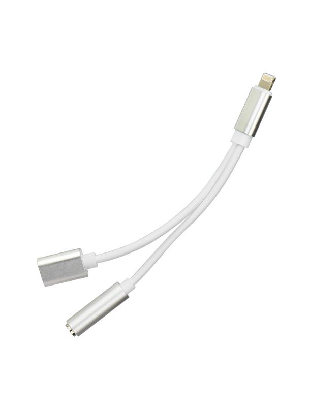 Adapter AUX 2w1 Lightning (męski) do Lightning (żeński) / Jack 3,5 mm (żeński) srebrny