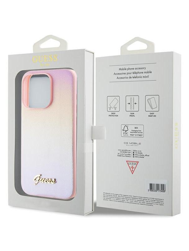 GUESS futerał do IPHONE 15 Pro GUHCP15LPSAIRSP (Saffiano Iridescent Script) różowy