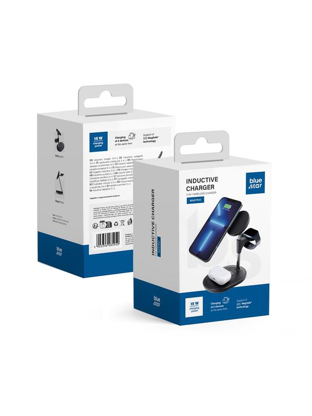 Ładowarka indukcyjna Blue Star 3w1 15W MagTrio zgodna z MagSafe czarna
