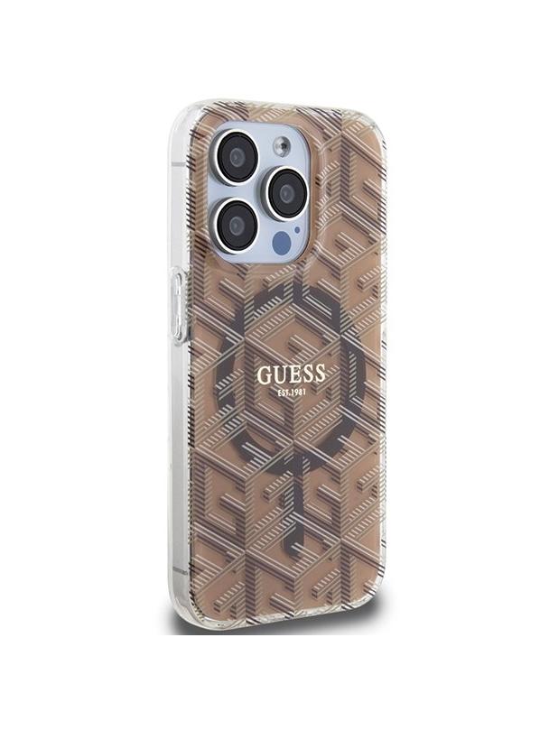 GUESS futerał do IPHONE 15 Pro kompatybilny z MagSafe GUHMP15LHGCUSTGW (IML GCUBE) brązowy