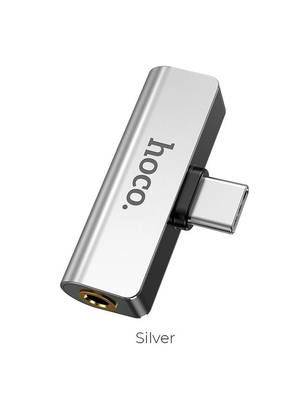 Adapter AUX 2w1 USB C do Jack 3,5 mm / USB C Hoco LS26 srebrny