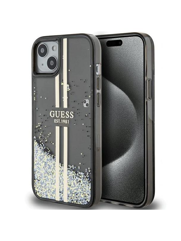 GUESS futerał do IPHONE 15 GUHCP15SLFCSEGK (Liquid Glitter Gold Stripes) czarny