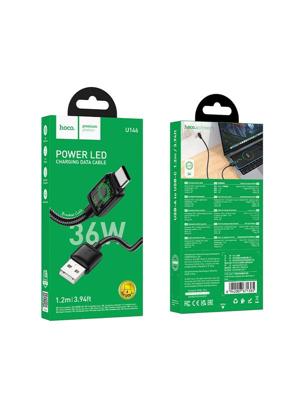 Kabel USB A do USB C Hoco 3A 1,2 m z LCD U146 czarny
