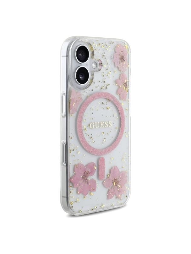 GUESS futerał do IPHONE 16 kompatybilny z MagSafe GUHMP16SRBFGFGMP (Resin Flowers and Glitter) pink