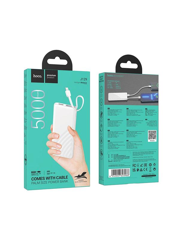 Powerbank Hoco 5000 mAh 2A z wbudowanym kablem Lightning J129 biały