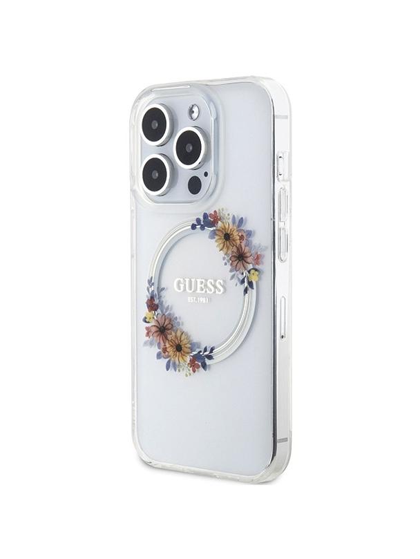 GUESS futerał do IPHONE 15 Pro Max kompatybilny z MagSafe GUHMP15XHFWFCT (Flowers Wreath) transparentny