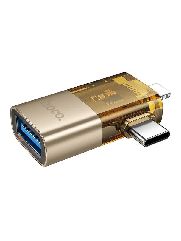 Adapter OTG 2w1 Lightning / USB C do USB A Hoco UA36E złoty