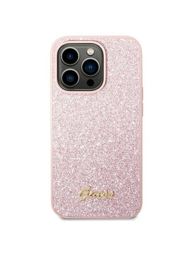 GUESS futerał do IPHONE 14 Pro GUHCP14LHGGSHP (Glitter Flakes Script Metal Logo) różowy
