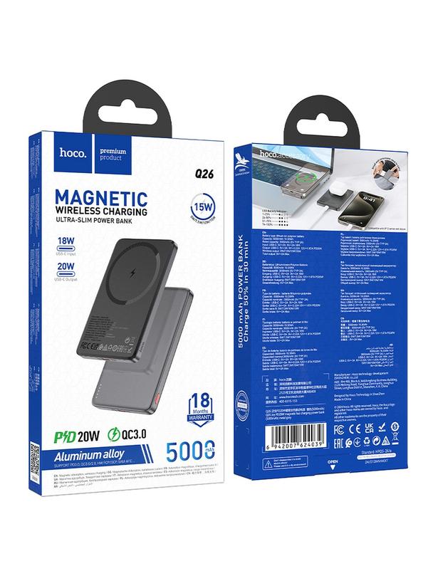 Powerbank zgodny z MagSafe Hoco 5000 mAh QC PD 2A 20W Q26 szary