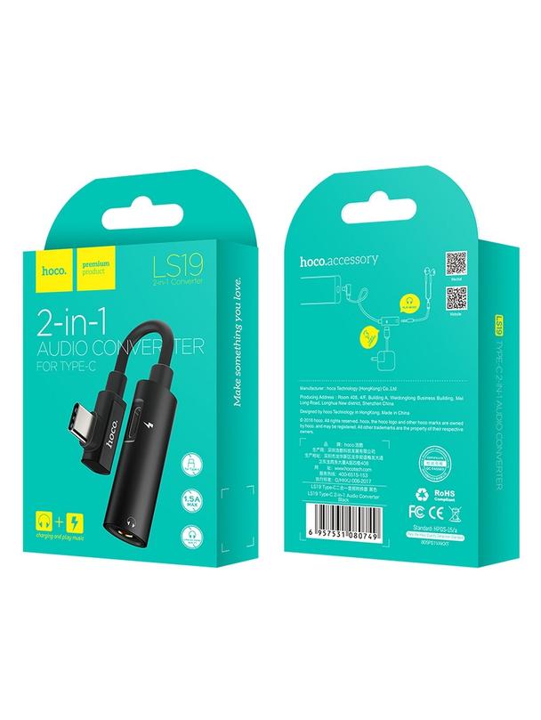 Adapter AUX 2w1 USB C do Jack 3,5 mm / USB C Hoco LS19 czarny
