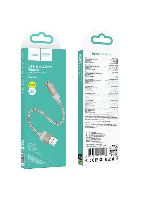 Adapter AUX USB A (męski) do Jack 3,5 mm (żeński) Hoco UPA32D złoty