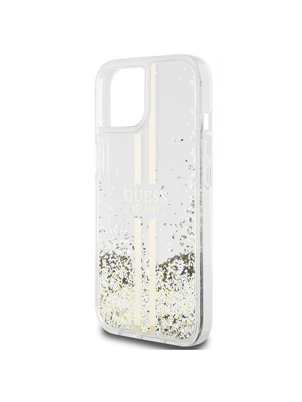 GUESS futerał do IPHONE 15 GUHCP15SLFCSEGT (Liquid Glitter Gold Stripes) transparentny