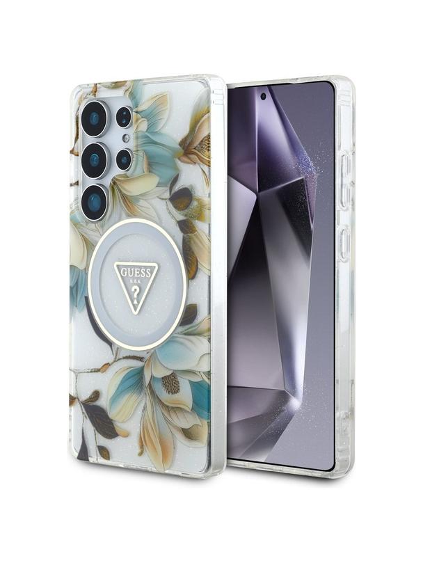 GUESS futerał do SAMSUNG S25 Ultra GUHMS25LHFLPEDH (Magnetic IML Metal Glitter Flowers Triangle) biały