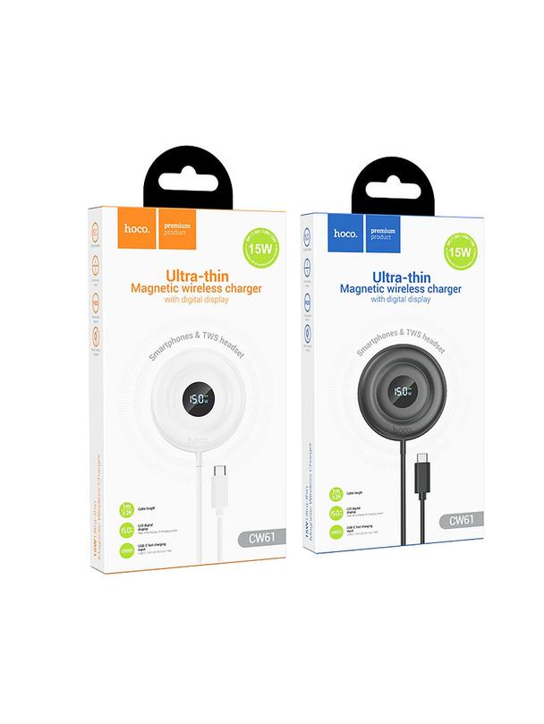 Ładowarka indukcyjna Hoco 2A 15W zgodna z MagSafe z wyświetlaczem CW61 biała