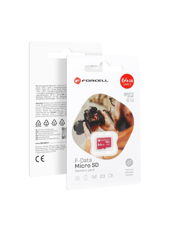 Karta microSD 64GB U3 class 10 Forcell F-Data czerwona