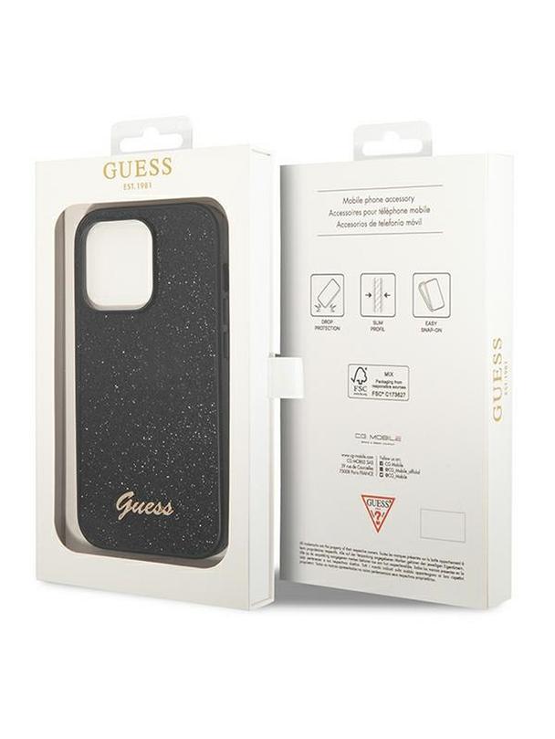 GUESS futerał do IPHONE 14 Pro GUHCP14LHGGSHK (Glitter Flakes Script Metal Logo) czarny