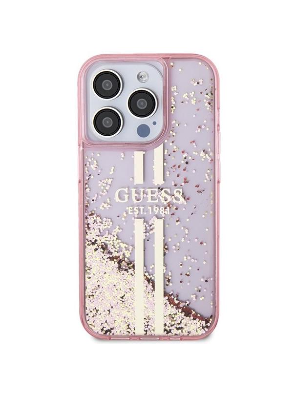 GUESS futerał do IPHONE 15 Pro GUHCP15LLFCSEGP (Liquid Glitter Gold Stripes) różowy