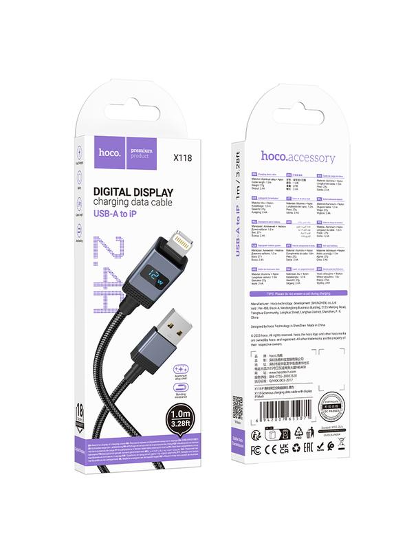 Kabel USB A do Lightning Hoco 2,4A z wyświetlaczem 1 m X118 czarny