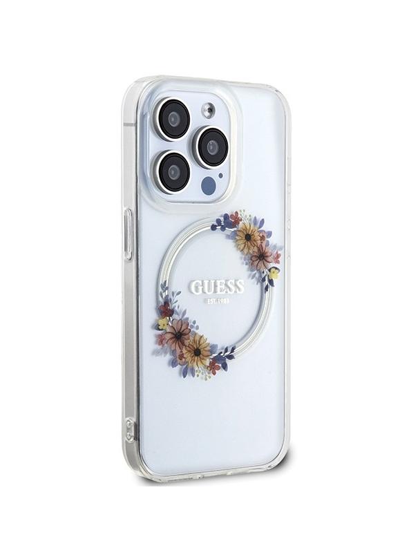 GUESS futerał do IPHONE 15 Pro Max kompatybilny z MagSafe GUHMP15XHFWFCT (Flowers Wreath) transparentny