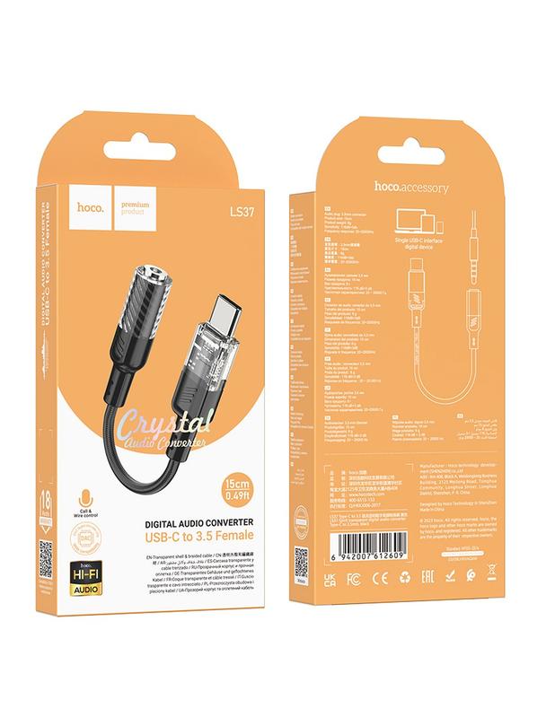 Adapter AUX USB C do Jack 3,5 mm Hoco 0,15 m LS37 transparentny czarny