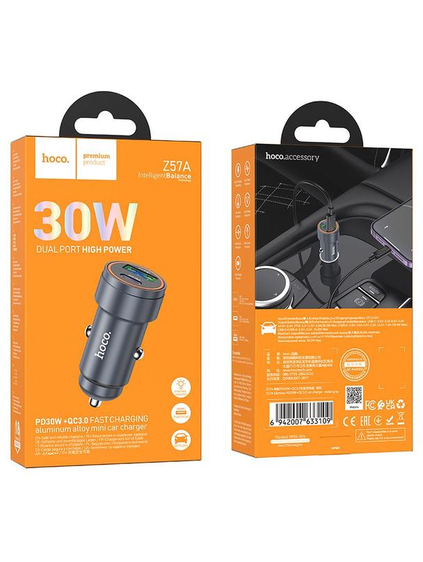 Ładowarka samochodowa Hoco USB A + USB C QC3.0 PD 3A 30W Z57A szara