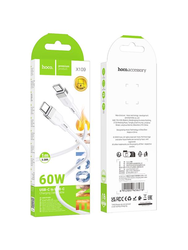 Kabel USB C do USB C Hoco 3A 60W Silikonowy 1 m X109 biały
