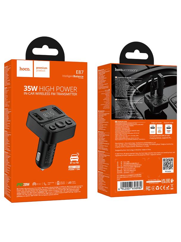 Transmiter samochodowy bluetooth Hoco USB A + USB C QC PD 35W E87 czarny
