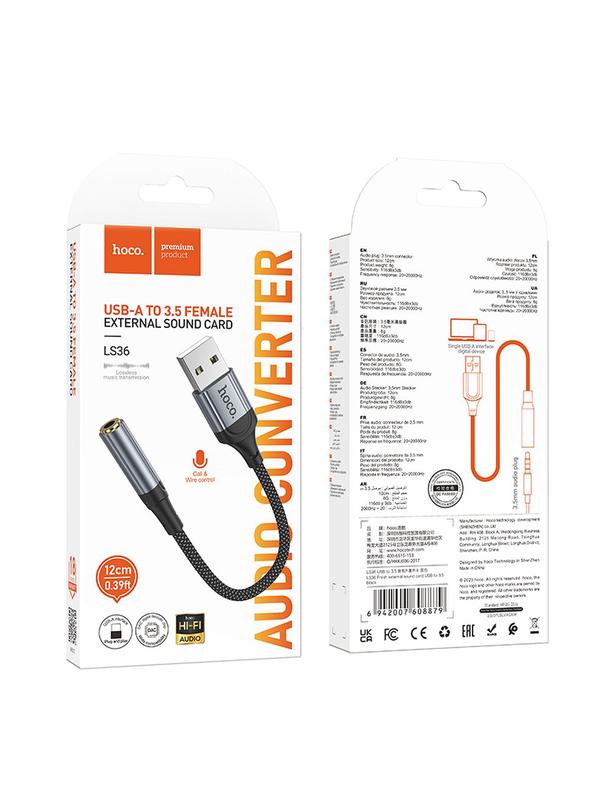 Adapter AUX USB A do Jack 3,5 mm Hoco 0,12 m LS36 czarny