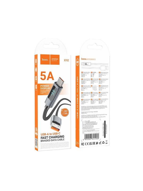 Kabel USB A do USB C Hoco 5A z wyświetlaczem 1 m X112 czarny