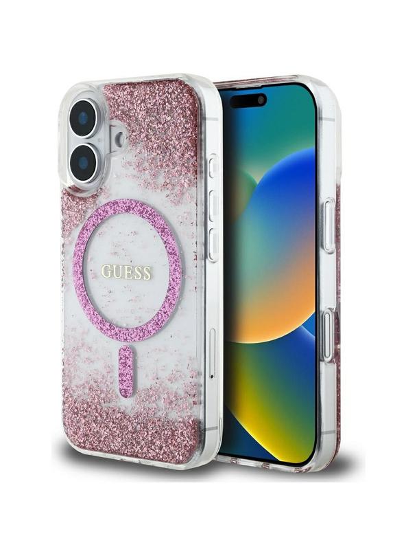 GUESS futerał do IPHONE 16 kompatybilny z MagSafe GUHMP16SRGRGEP (Resin Bottom Glitter) różowy