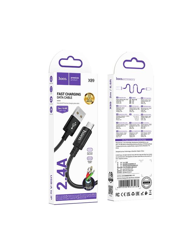 Kabel USB A do Micro USB Hoco 2,4A 2 m X89 czarny