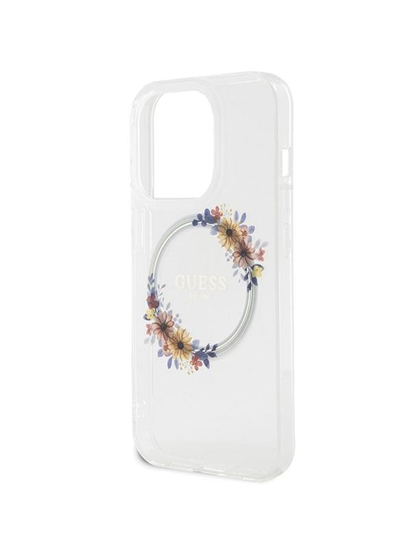 GUESS futerał do IPHONE 15 Pro kompatybilny z MagSafe GUHMP15LHFWFCT (Flowers Wreath) transparentny
