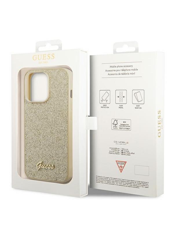 GUESS futerał do IPHONE 14 Pro Max GUHCP14XHGGSHD (Glitter Flakes Script Metal Logo) złoty