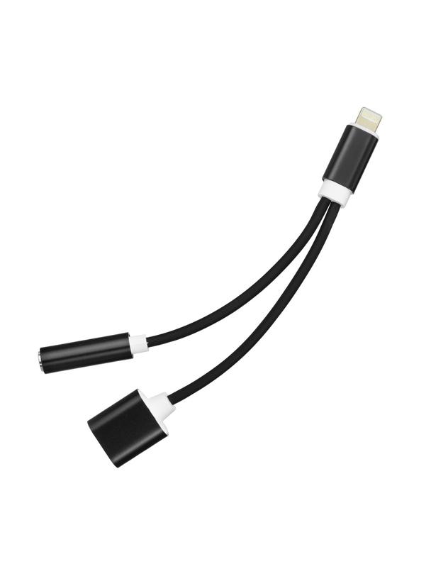 Adapter AUX 2w1 Lightning (męski) do Lightning (żeński) / Jack 3,5 mm (żeński) czarny