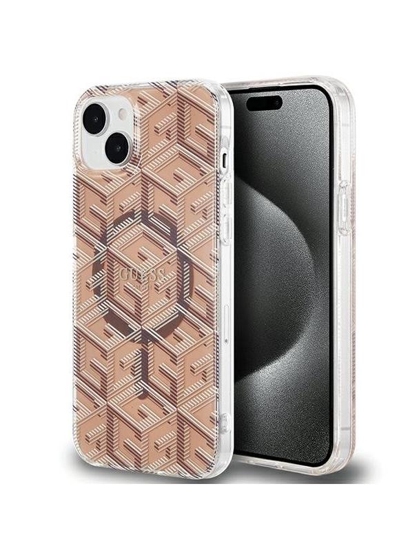 GUESS futerał do IPHONE 15 kompatybilny z MagSafe GUHMP15SHGCUSTGW (IML GCUBE) brązowy