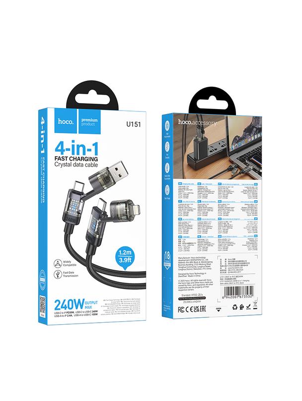 Kabel 4w1 USB A/C do USB C/Lightning Hoco 240W 1,2 m U151 czarny
