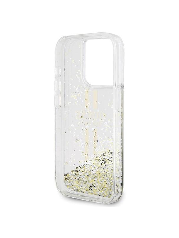 GUESS futerał do IPHONE 15 Pro GUHCP15LLFCSEGT (Liquid Glitter Gold Stripes) transparentny