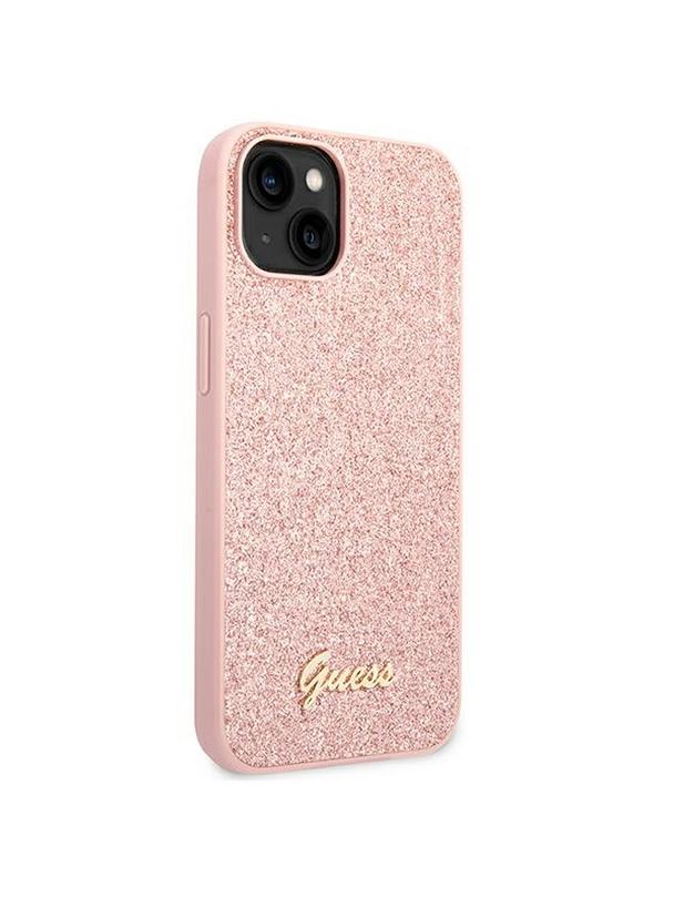 GUESS futerał do IPHONE 14 Plus GUHCP14MHGGSHP (Glitter Flakes Script Metal Logo) różowy
