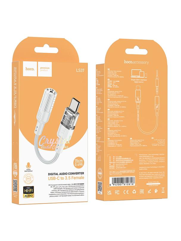 Adapter AUX USB C do Jack 3,5 mm Hoco 0,15 m LS37 transparentny szary