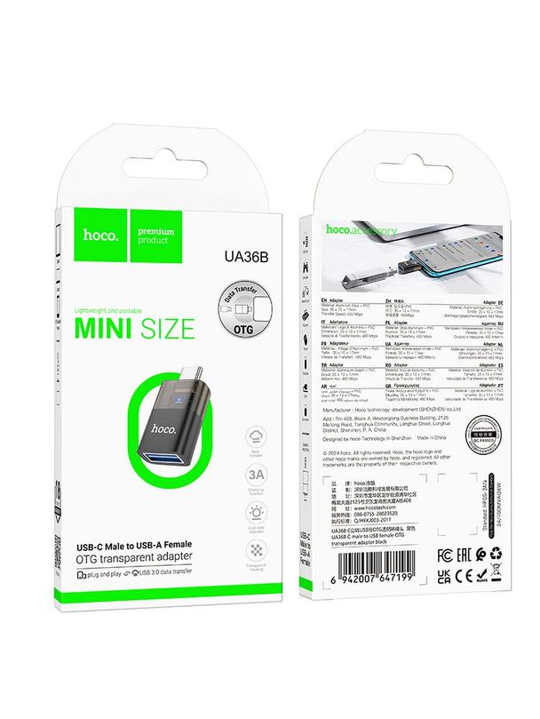 Adapter OTG USB C do USB A Hoco UA36B transparentny czarny
