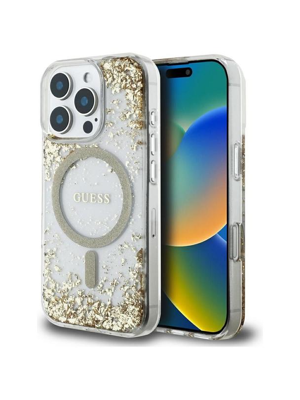 GUESS futerał do IPHONE 16 Pro kompatybilny z MagSafe GUHMP16LRGRGED (Resin Bottom Glitter) złoty