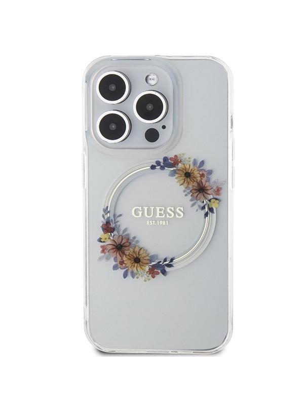 GUESS futerał do IPHONE 15 Pro Max kompatybilny z MagSafe GUHMP15XHFWFCT (Flowers Wreath) transparentny