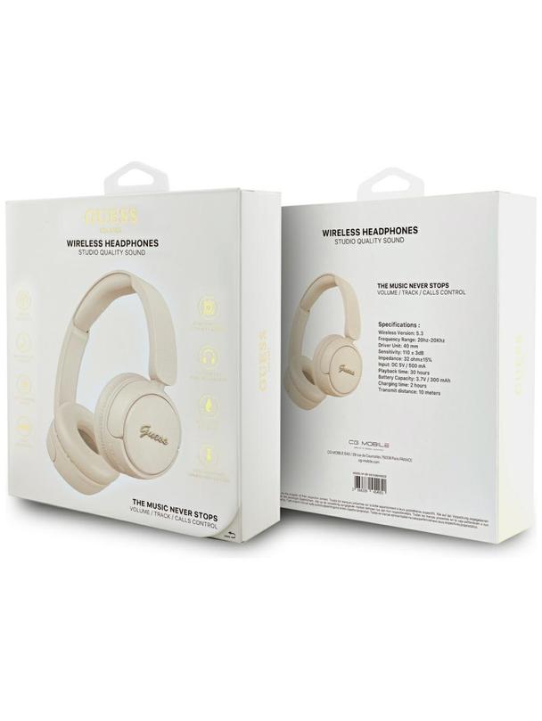 Słuchawki bezprzewodowe nauszne Guess Metal Logo Script beżowe